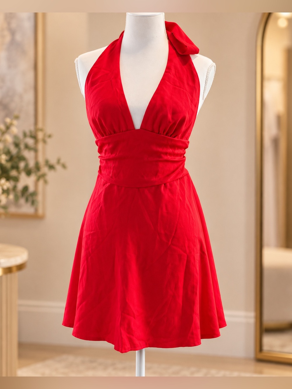 Red Halter Deep V Open Back Fit & Flare Mini Dress Size S